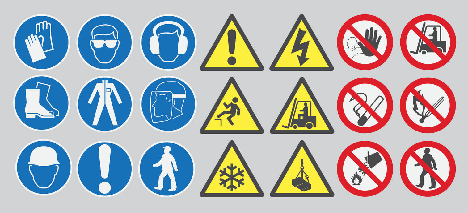 Workplace safety symbol types, including prohibition symbols, warning symbols and mandatory symbols