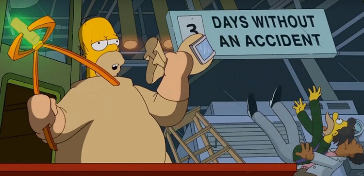 Screenshot from The Simpsons showing Lenny and Carl falling off a ladder under a sign that reads 3 Days Without An Accident.