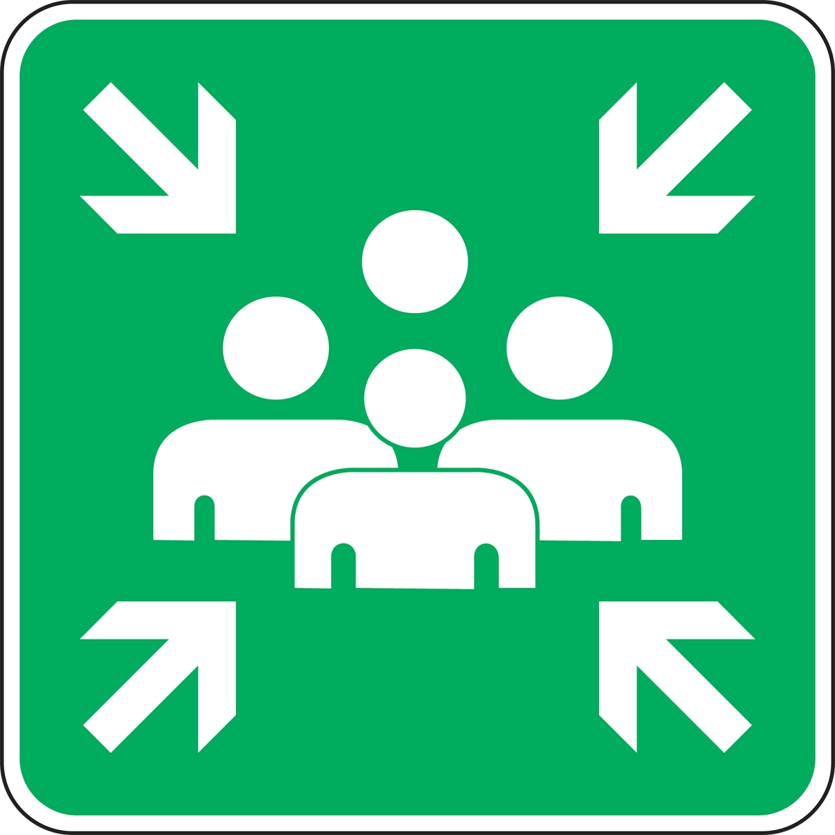A muster point sign with the standard design: green background, four figures in the middle of the sign, and a white arrow pointing at them from each corner.