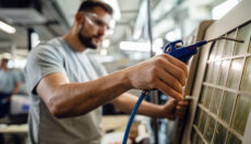 Worker using compressed air gun to clean dust and debris