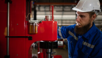 Engineer inspecting a hydraulic press.