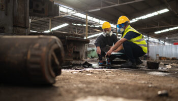 Two people wearing respirators investigating an incident involving an oily liquid leak at an industrial site.