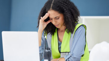 Stressed worker in hi-vis safety vest touching her forehead and closing her eyes.
