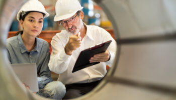 Two people in hard hats inspecting part of an industrial workplace.