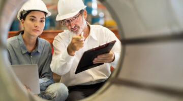 Two people in hard hats inspecting part of an industrial workplace.