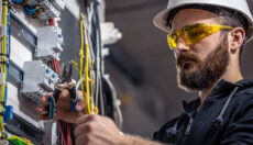 Electrical contractor working on a switchboard, wearing a hard hat and safety glasses.