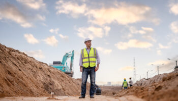 Supervisor on construction site wearing yellow safety vest and white hardhat.