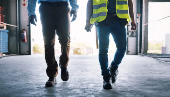 Two people walking across a warehouse, one wearing a high-visibility safety vest.