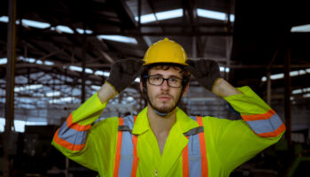 Worker in an industrial facility, wearing a hi-vis safety jacket, safety gloves, and adjusting their hard hat.