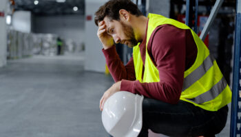 Stressed worker, sitting in a warehouse, holding a white hardhat and wearing a hi-vis safety vest.