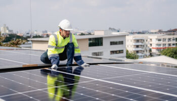 Engineer installing solar cell on a rooftop.