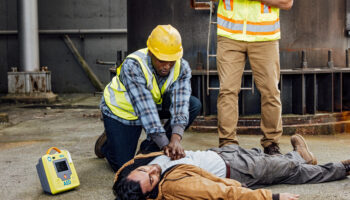 A worker wearing a hardhat and safety vest administers chest compressions to someone suffering from a cardiac arrest, with an AED on the ground next to them.
